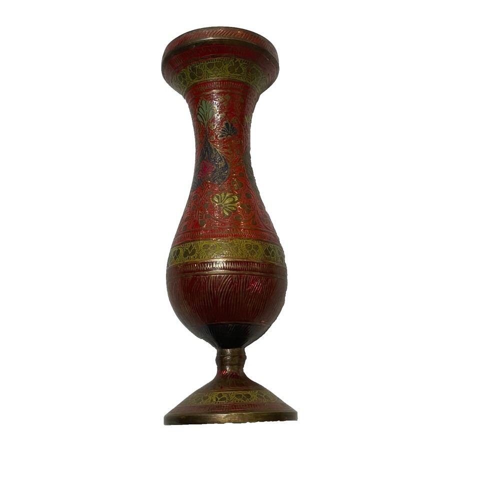 VINTAGE INDIA HAND CARVED & PAINTED BRASS BRONZE VASE, 8 1/2" T X 2 3/4" D